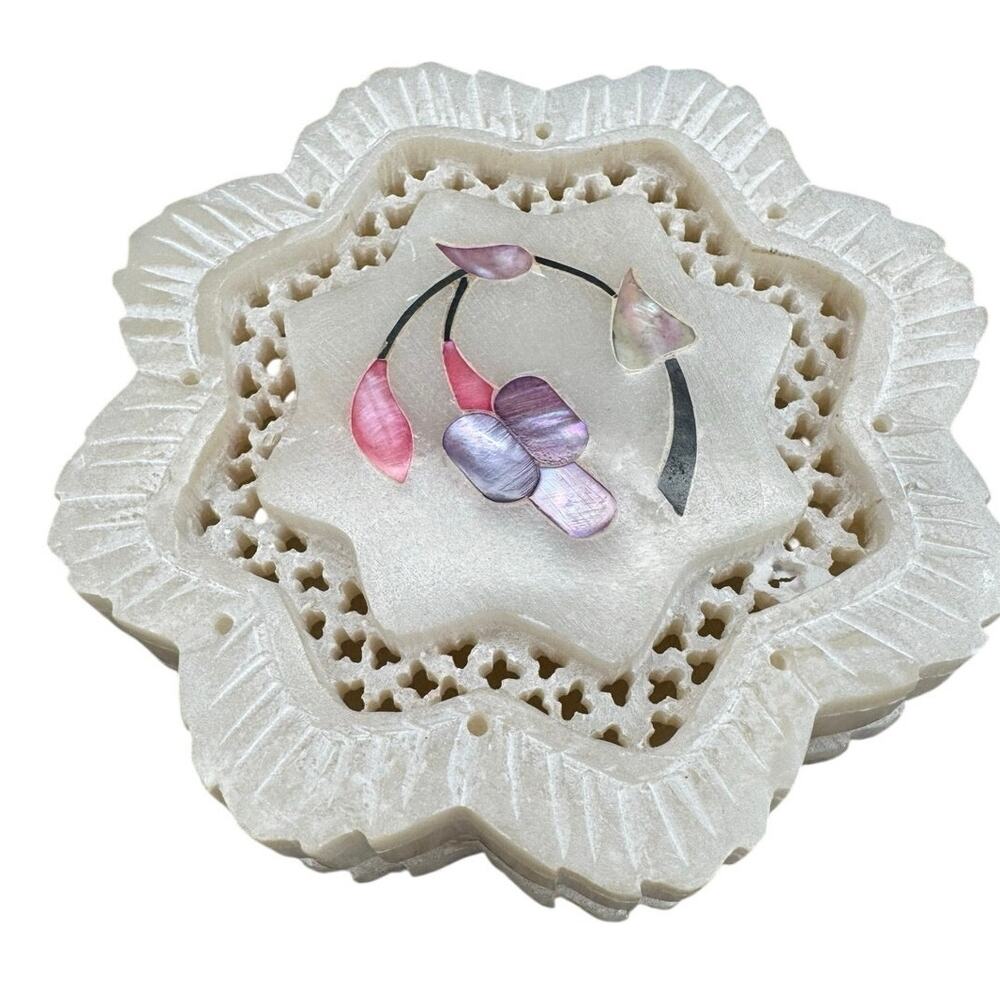 Vintage Carved Stone Trinket Box Mother of Pearl Floral Inlay Trinket Box